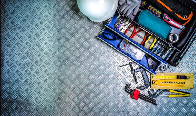 vecteezy top view of tools box and helmet on checkered plate 8820443