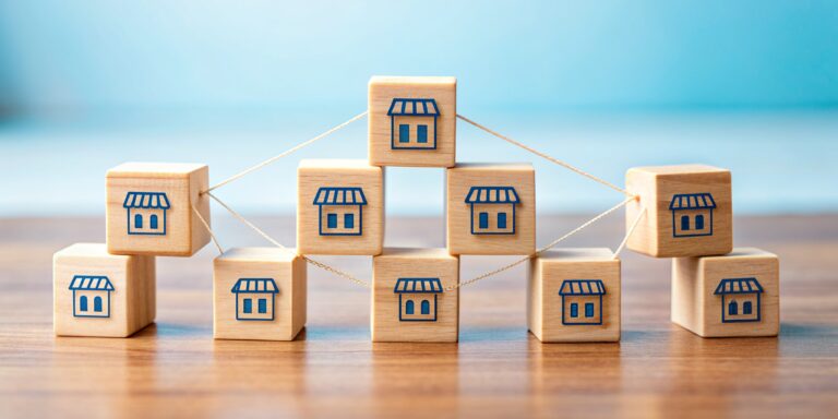 franchise business growth concept interconnected wooden cubes with store icons